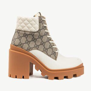 Gucci Beige & Ebony Canvas & Leather Lace-Up GG Ankle Boots